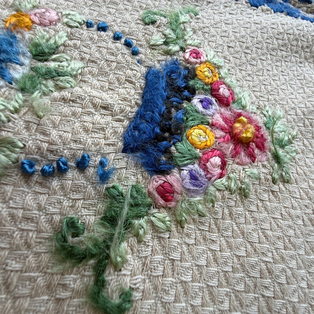 Vintage Hand Embroidered Floral Table Runner Blue White Lace Trim 42 Inch - Picture 4 of 11